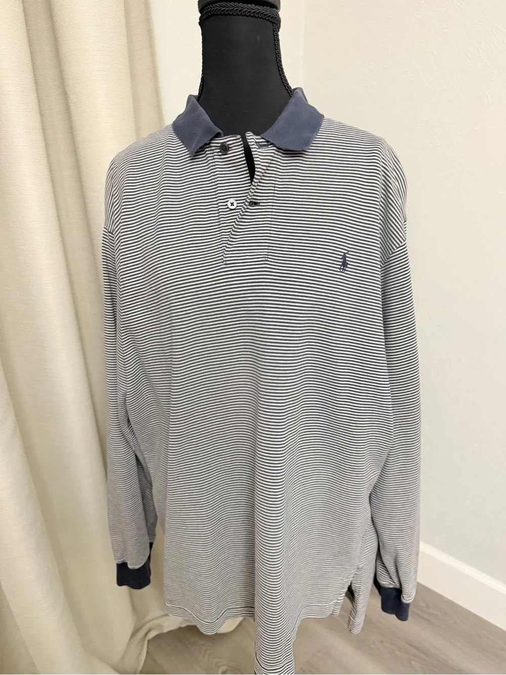 Vintage Polo Ralph Lauren Long-Sleeve Striped Polo Shirt - Navy/White